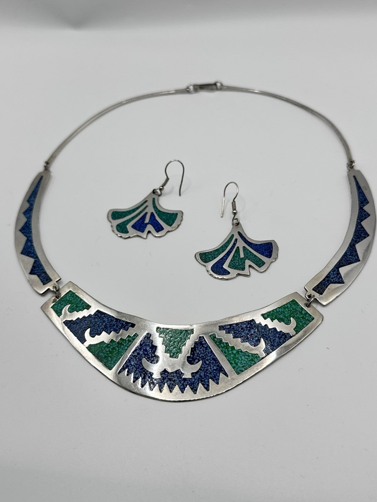 Alpaca Mexico Crushed Turquoise Blue Stone Collar Necklace And Earring Set