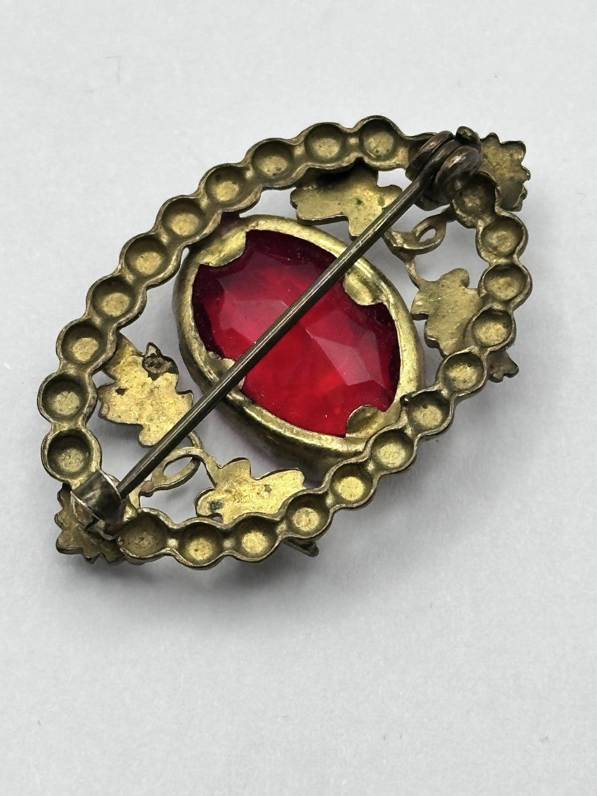 Antique Victorian Metal Red Glass Brooch