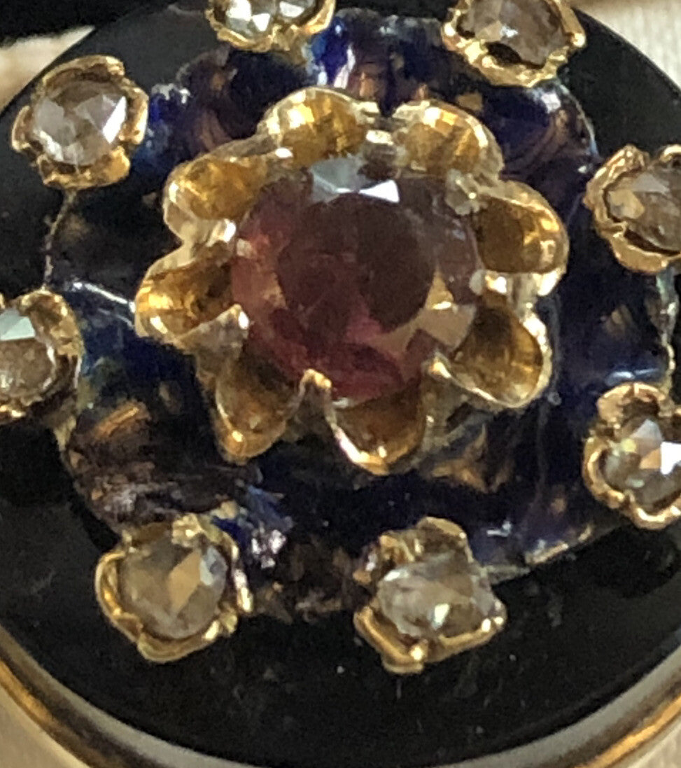 Antique Victorian 14ct Gold Onyx Old Cut Diamond Garnet Enamel Brooch