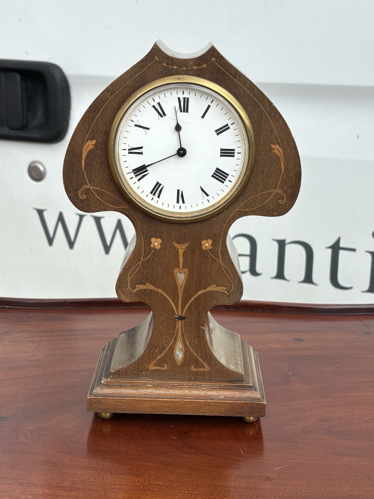 Art Nouveau Inlaid Mahogany Clock. Ticking Away Nicely, Comes With A Key.