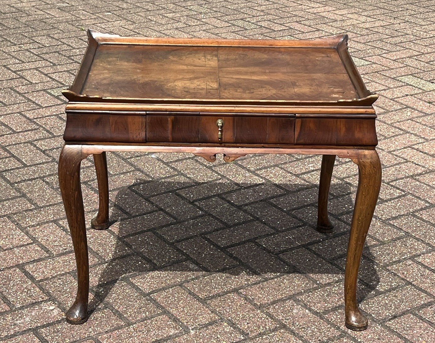 Antique Walnut Tray Top Side Table With Drawer. Pad Feet, Brass Handle.