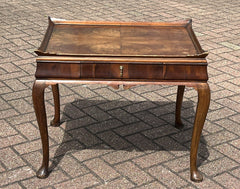Antique Walnut Tray Top Side Table With Drawer. Pad Feet, Brass Handle.