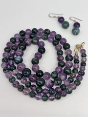 Amethyst And Moss Agate Beaded Necklace And Sterling Silver Earring Set