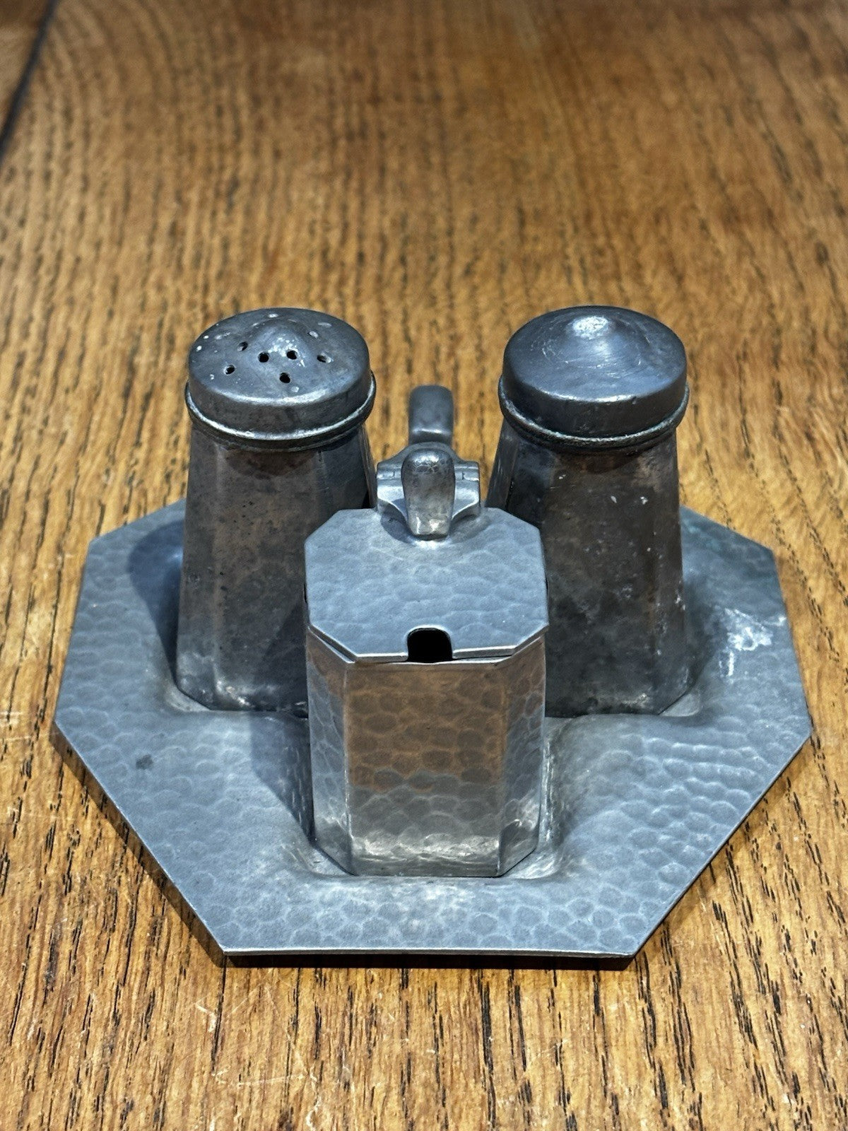 Arts & Crafts Hand Hammered Pewter Cruet Set,