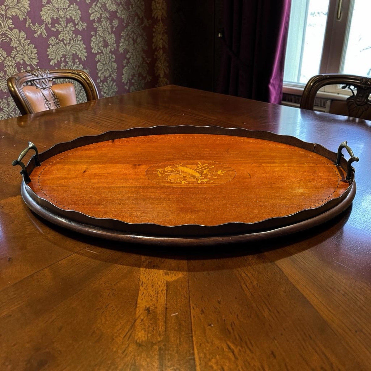 Antique Mahogany Drinks Tray With A Musical Scene Marquetry Inlaid To Centre.