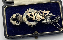 Antique Sterling Silver Gilt Key Heart Brooch Safety Chain Boxed