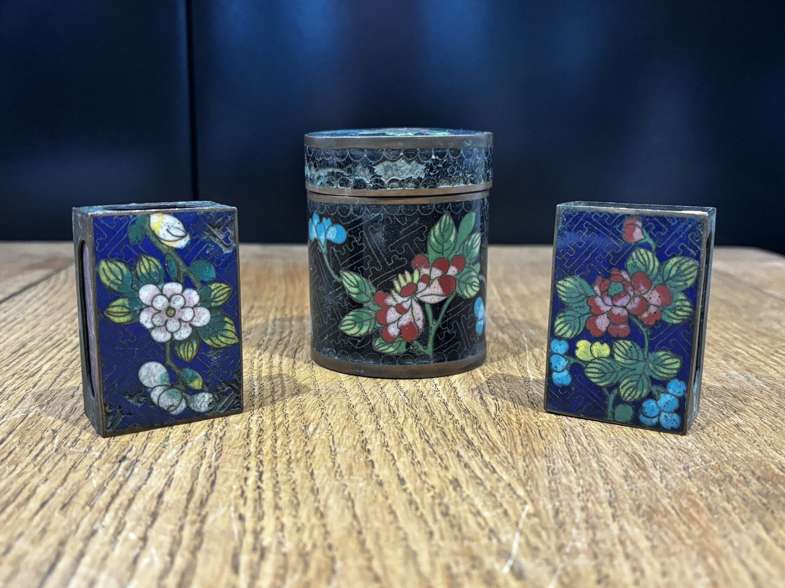 Antique Cloisonné Tobacco Jar And 2 Matchbox Cases