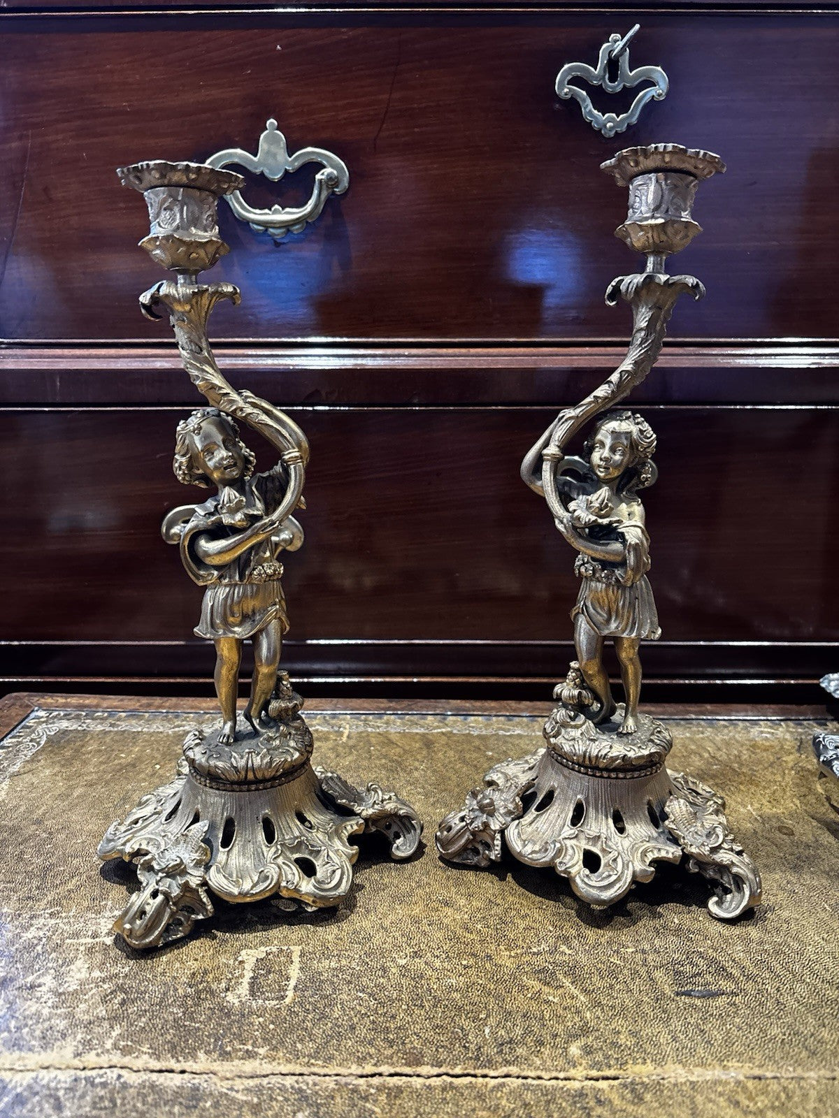 19th Century Gilt Bronze Candlesticks, Boy & Girl Figures, Very Good Quality.