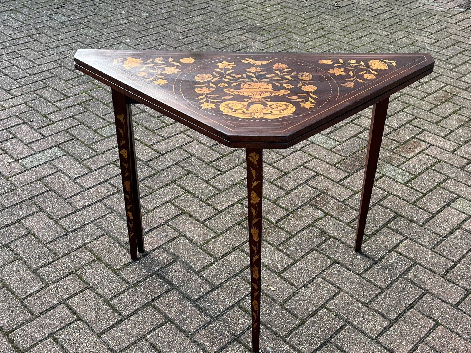 18thC Dutch Marquetry Games Table With Fold Over Lid & Baized Playing Area