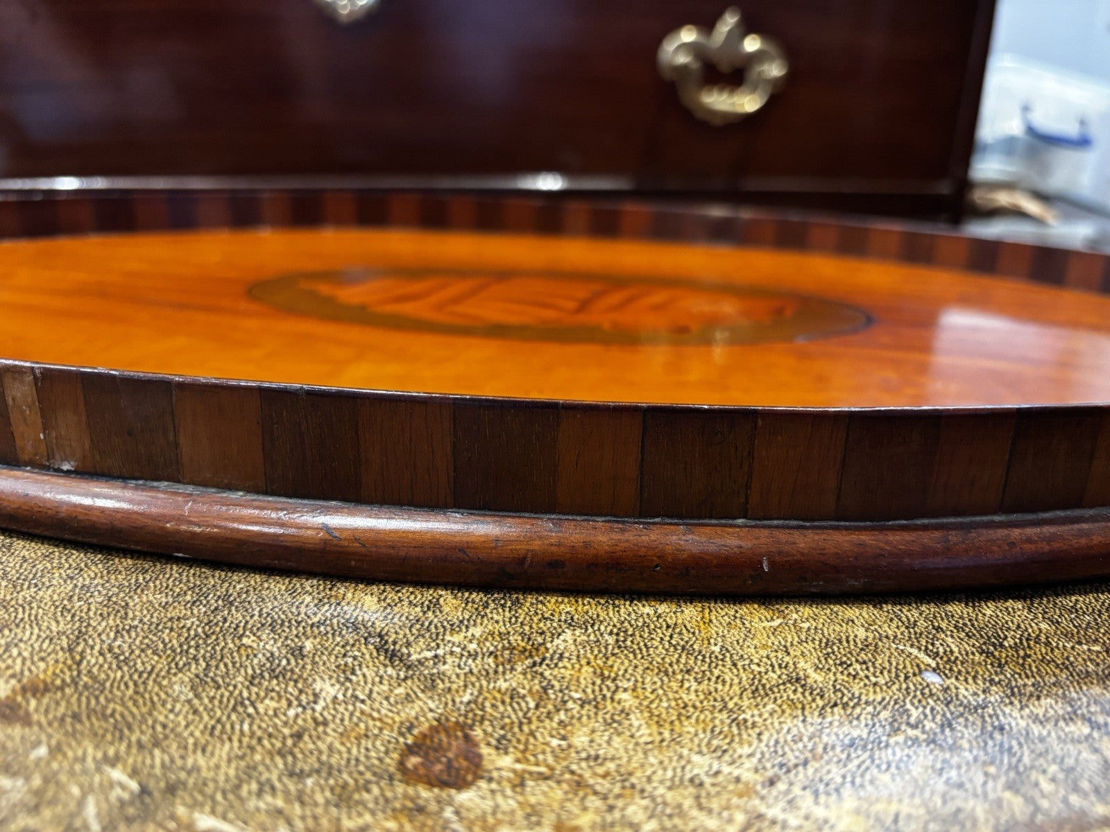 Antique Mahogany Drinks Tray With Marquetry Inlay To Centre.