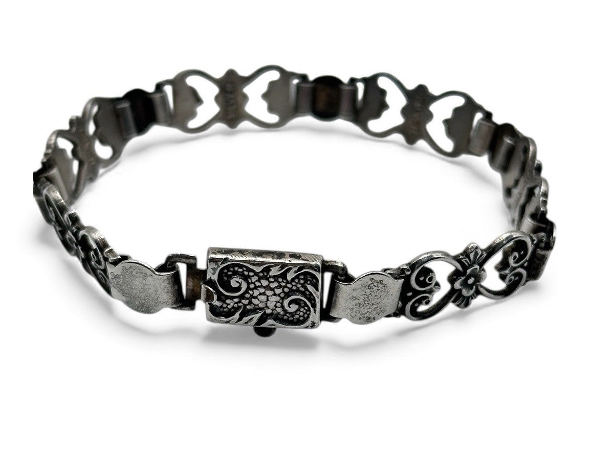 Antique Sterling Silver Fancy Link Flowers Bracelet