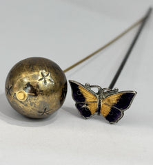Antique 11cm Length Enamel Butterfly And Ball Stars Hat Pin