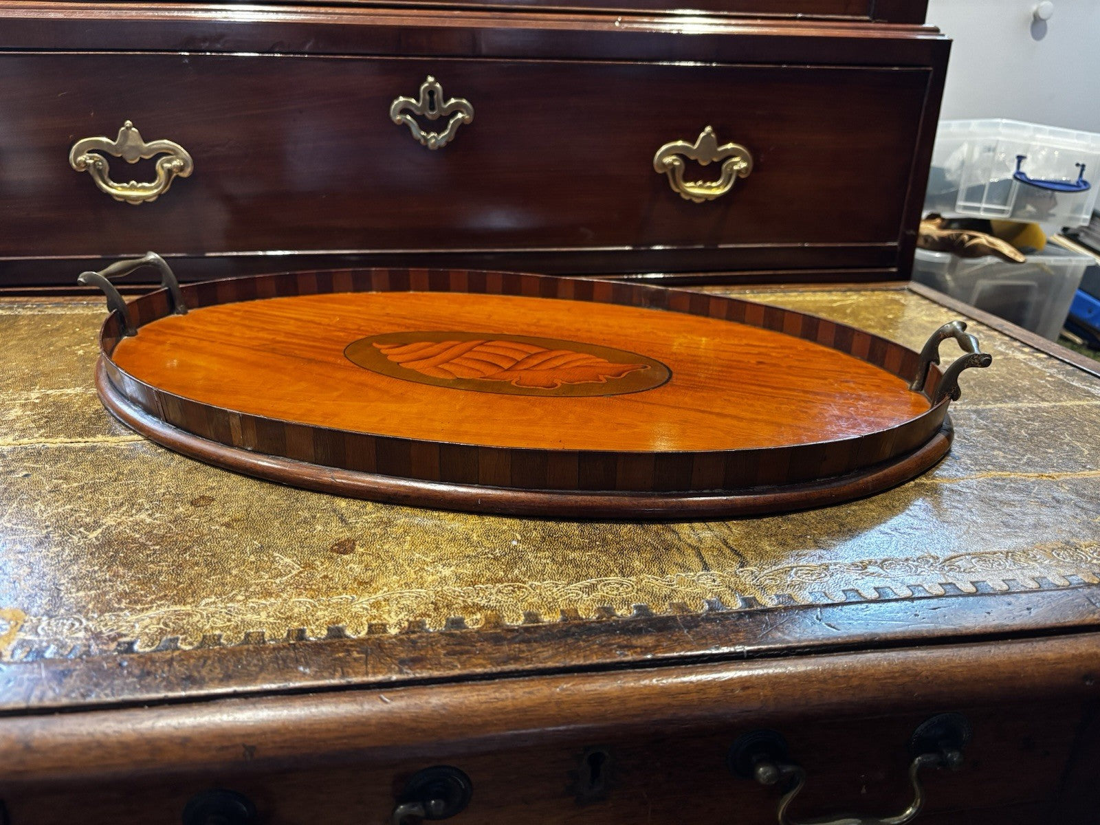 Antique Mahogany Drinks Tray With Marquetry Inlay To Centre.
