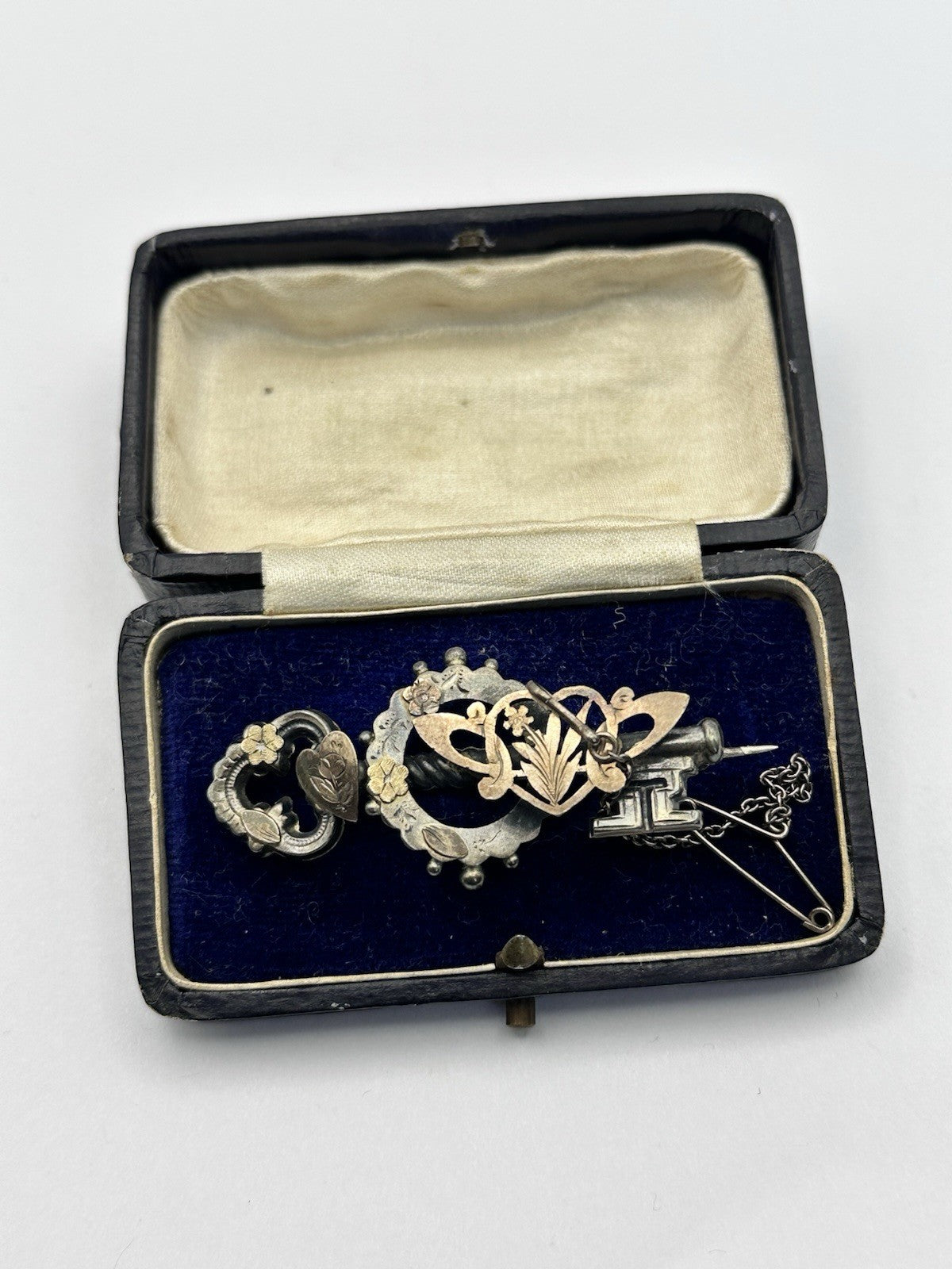 Antique Sterling Silver Gilt Key Heart Brooch Safety Chain Boxed
