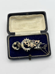 Antique Sterling Silver Gilt Key Heart Brooch Safety Chain Boxed