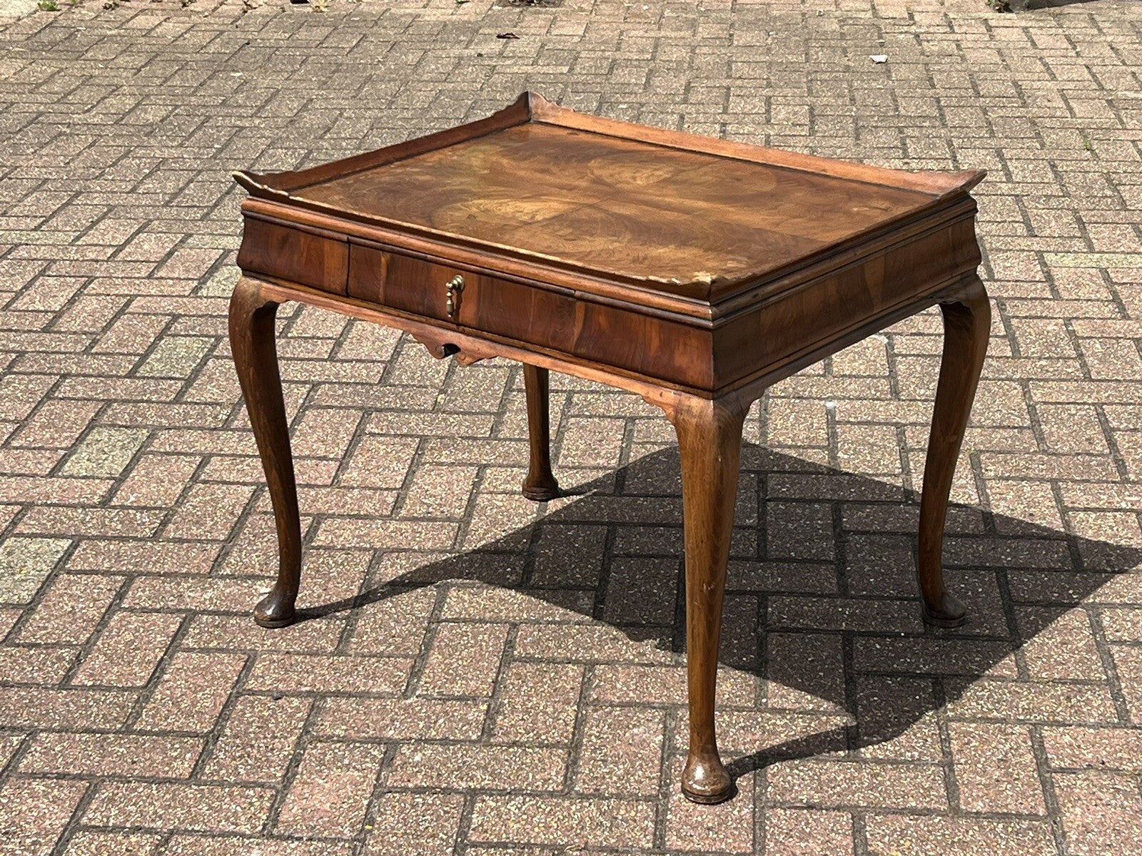 Antique Walnut Tray Top Side Table With Drawer. Pad Feet, Brass Handle.