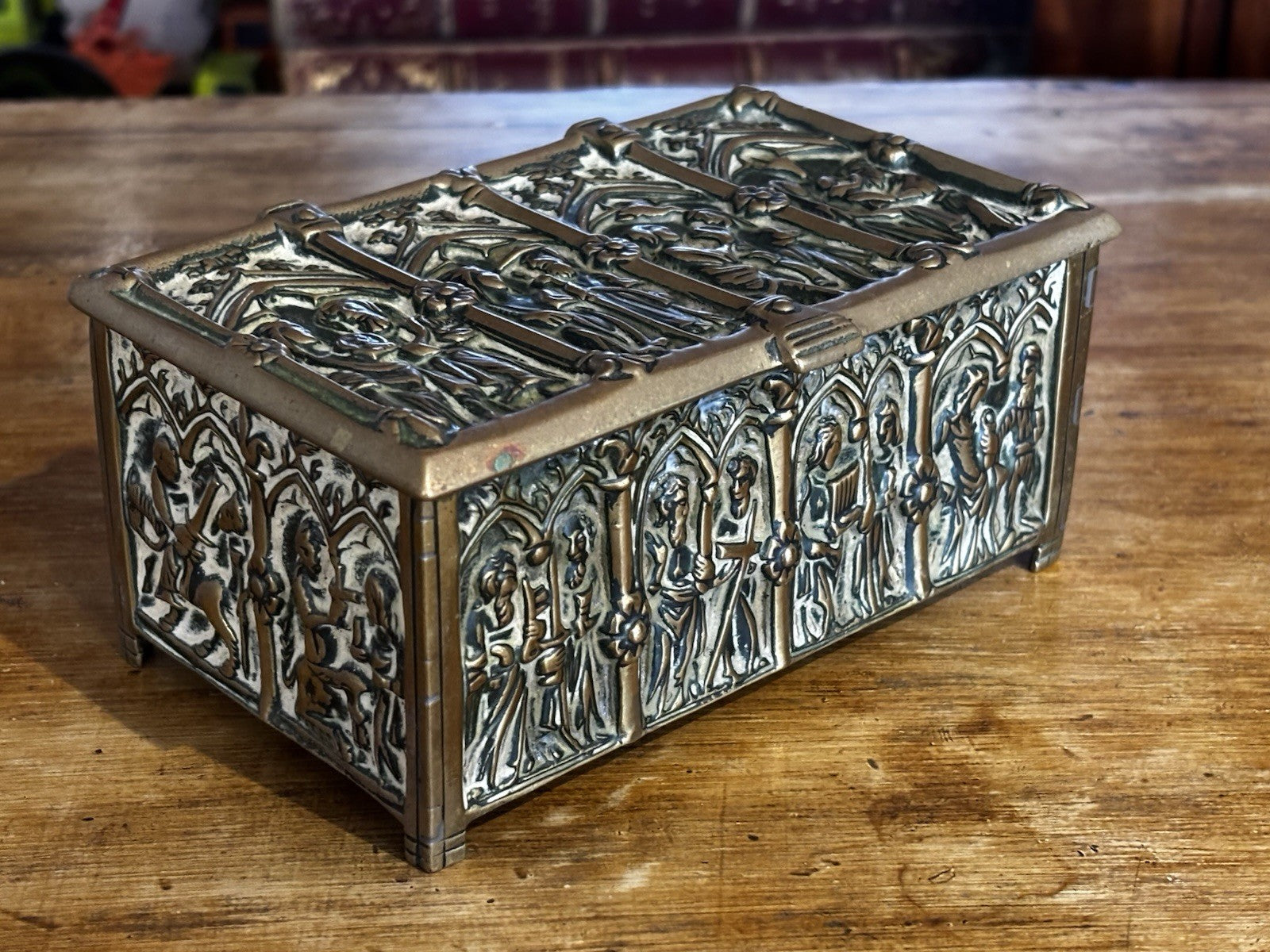 Antique Gothic Revival Gilt Brass Jewellery / Trinket Box With Religious Scenes.