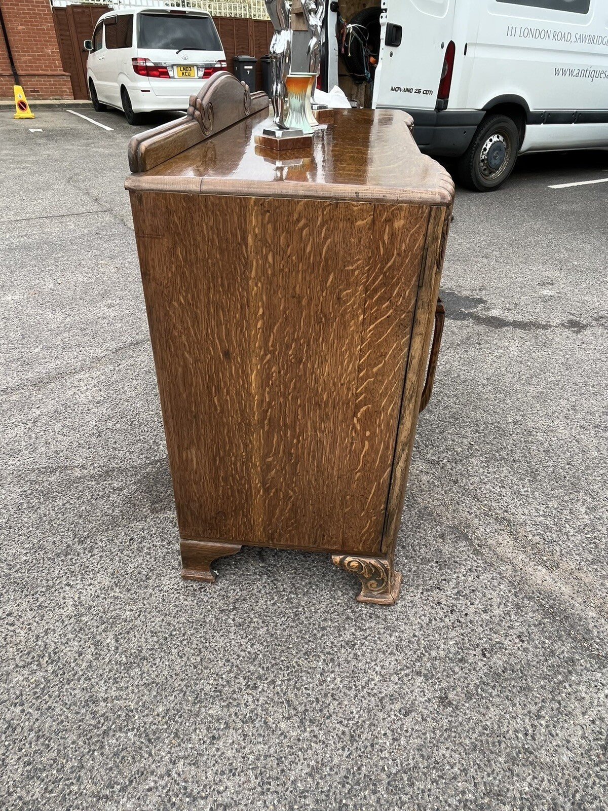Art Deco Oak Sideboard. Circa 1930's. Carved With Flowers . Lots Of Storage.