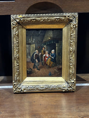 19th Century English Tavern Or Inn Scene. Oil On Canvas In Gold Gilt Frame.