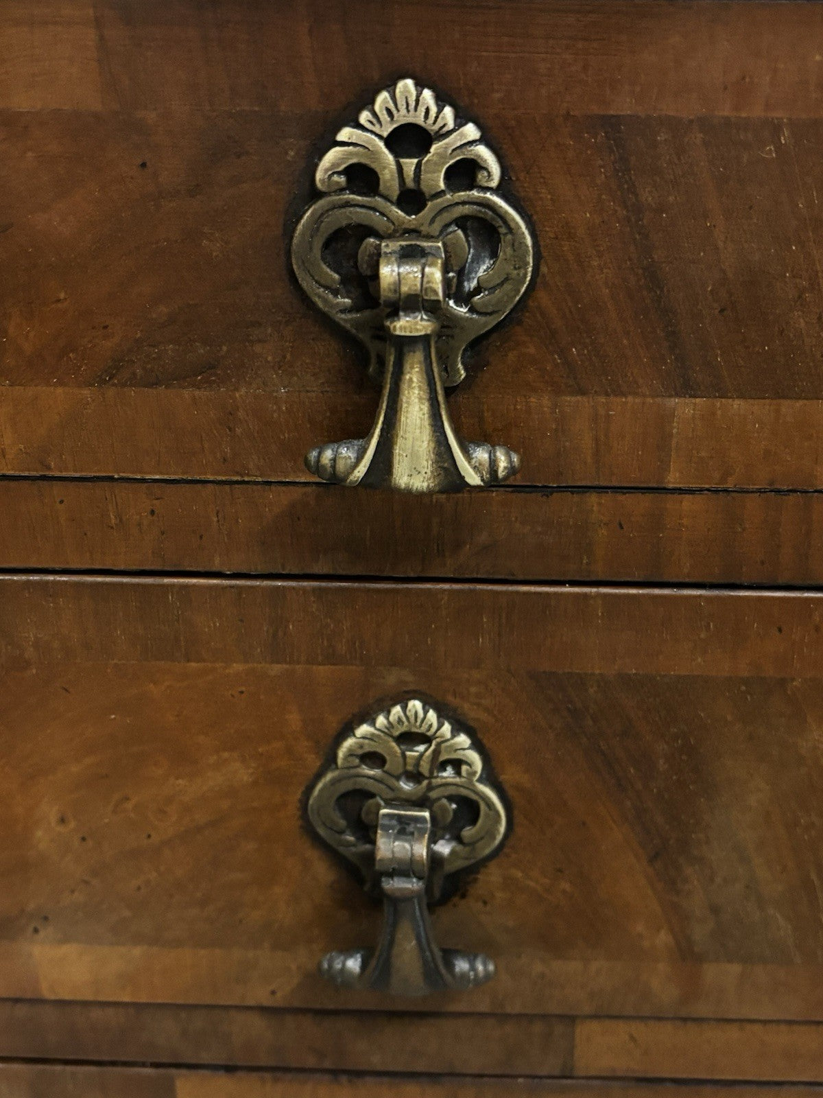 Art Deco Walnut Small Chest Of Drawers, Brass Handles.