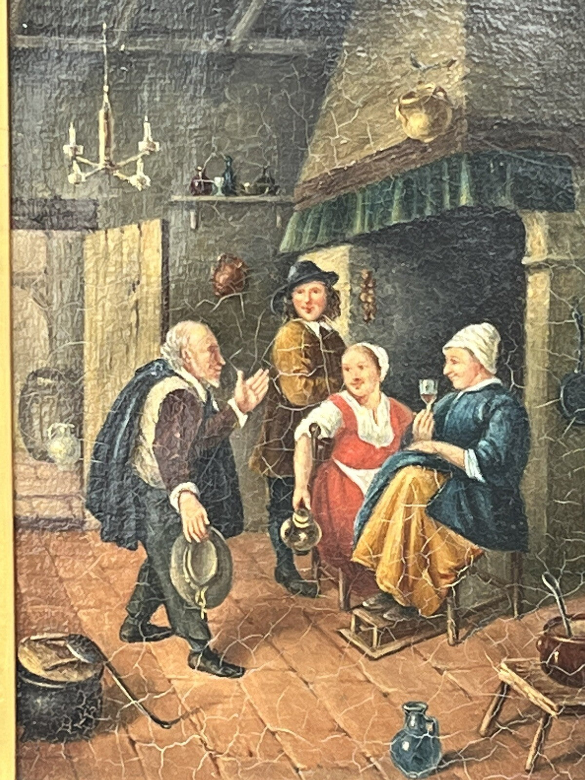 19th Century English Tavern Or Inn Scene. Oil On Canvas In Gold Gilt Frame.