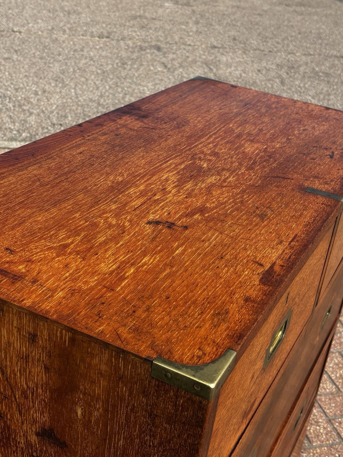 Antique Brass Bound Campaign Chest, Military Chest. Splits In 2 Pieces.