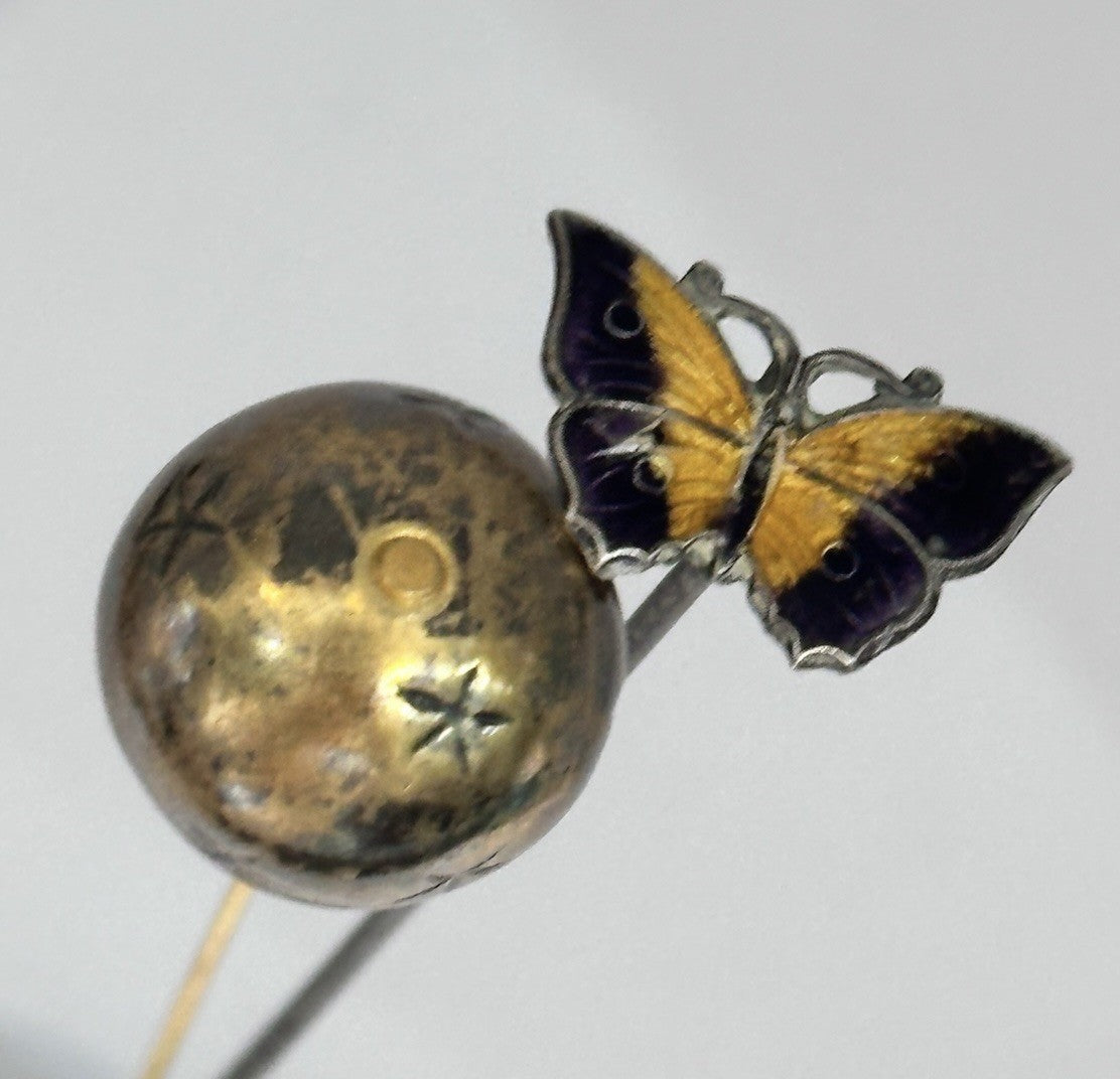 Antique 11cm Length Enamel Butterfly And Ball Stars Hat Pin