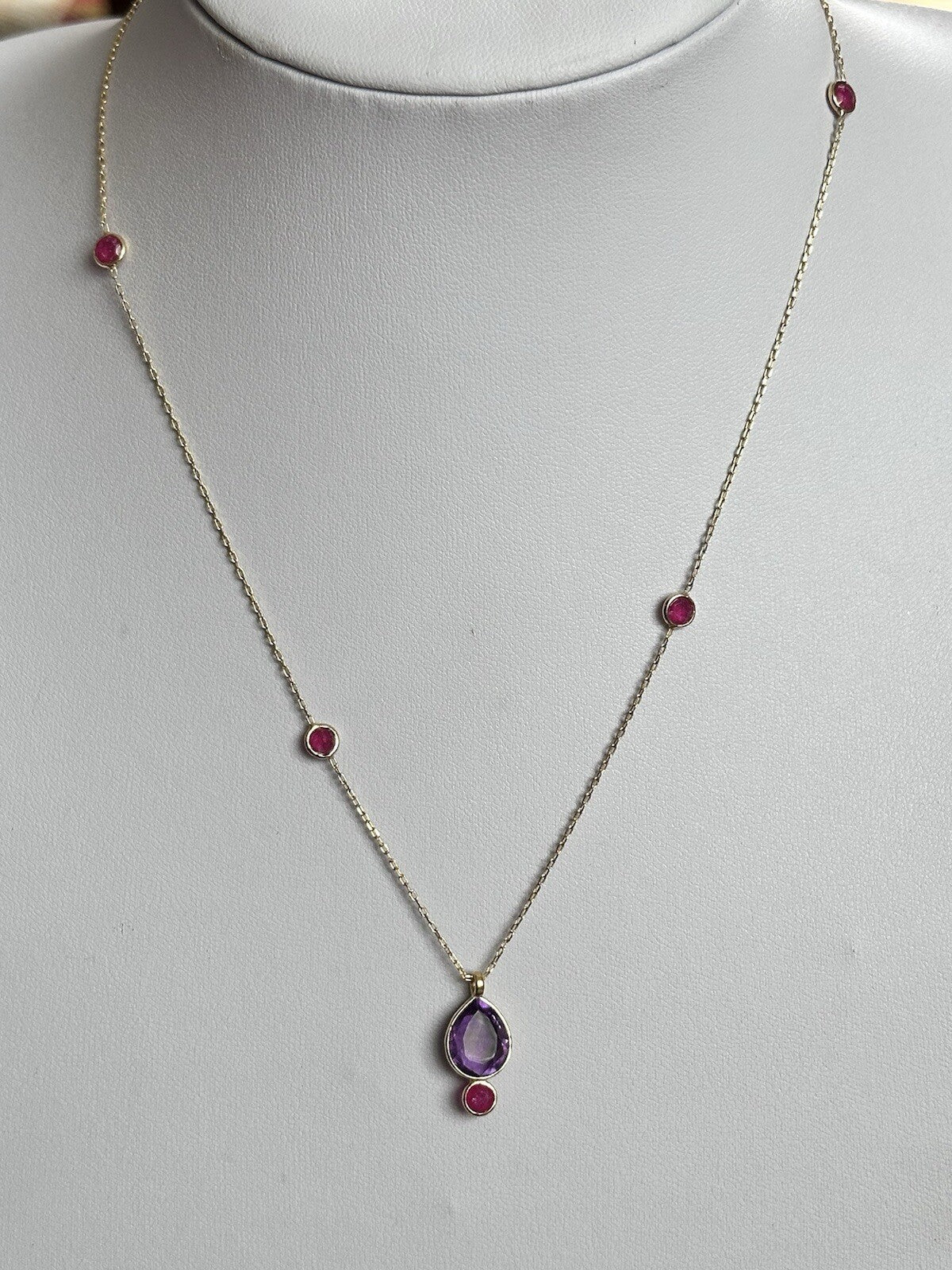 18k Gold Vermeil Plated On 925 Silver Amethyst Teardrop And Ruby Necklace