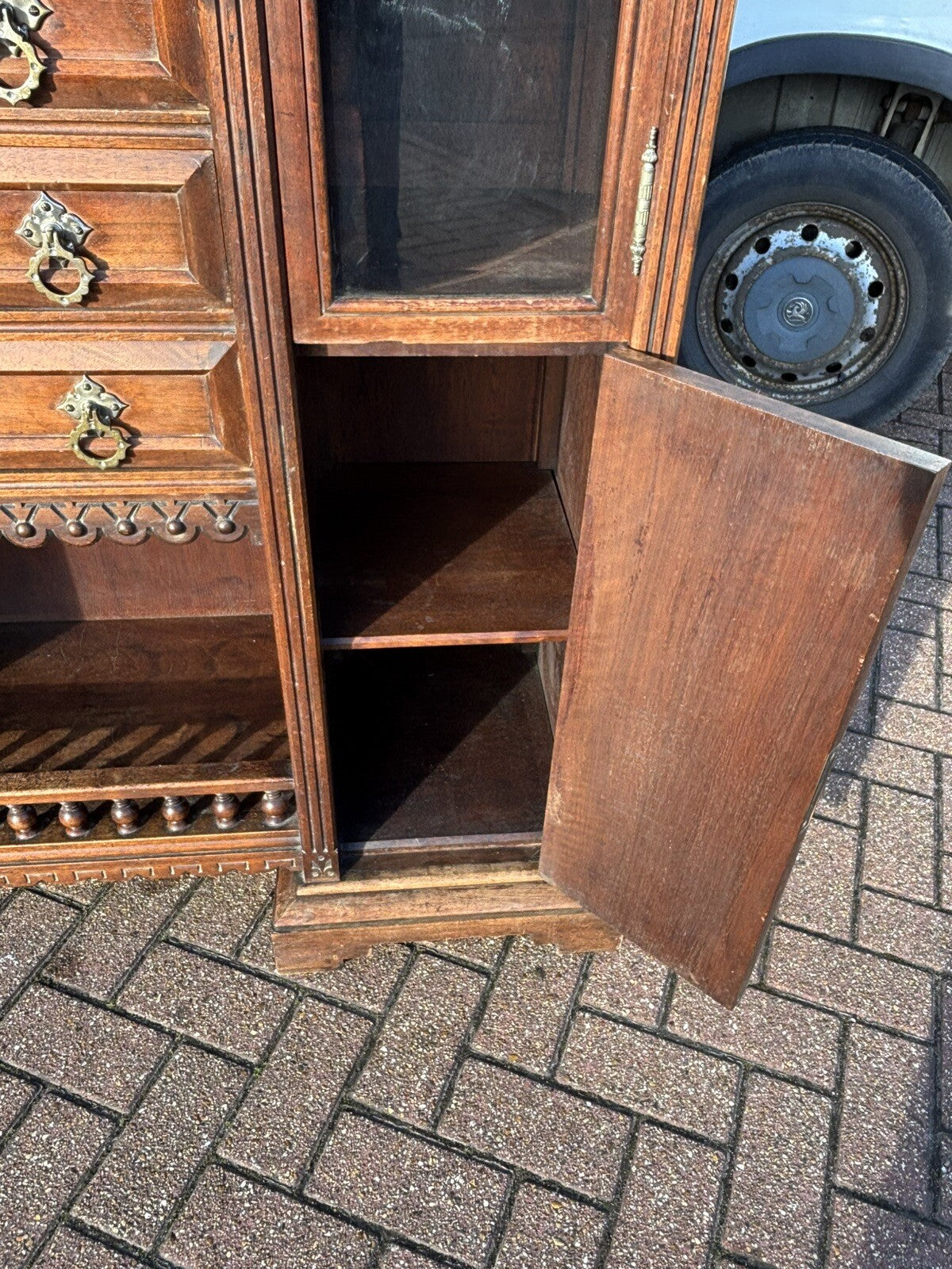 Arts & Crafts French Walnut Bookcase / Cupboard With Fitted Shelves & Drawers