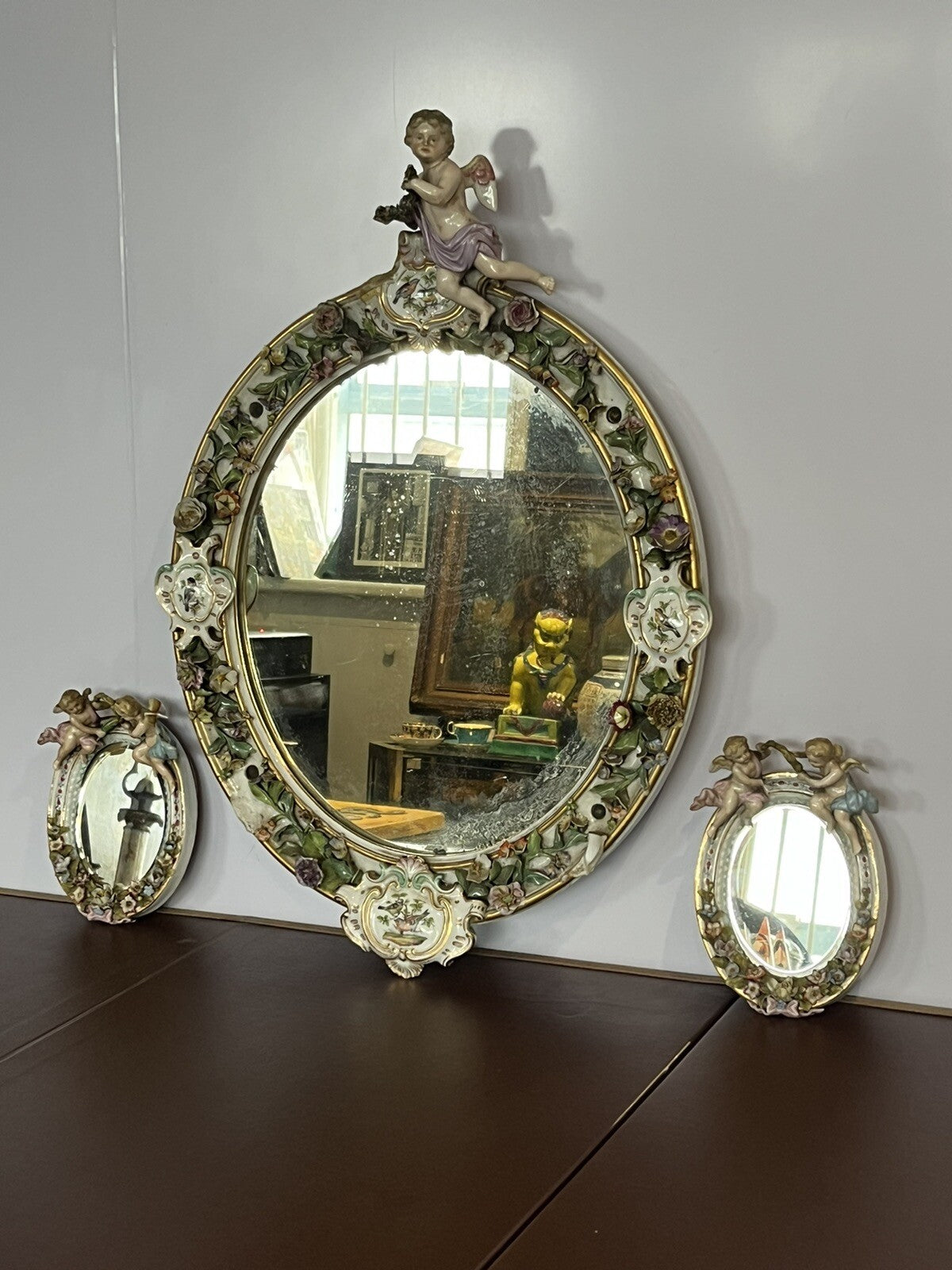 Antique Meissen German Porcelain Wall Mirror Set. Decorated With Cherubs & Birds