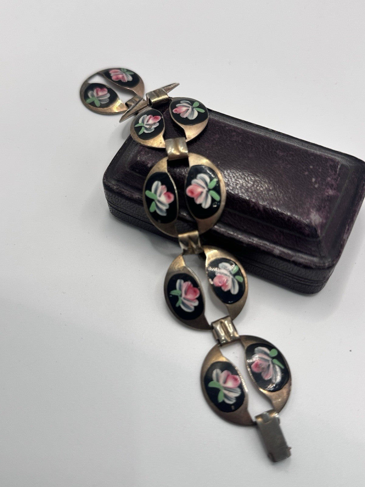 Beautiful Vintage Enamelled Hand Painted Pink Flowers Metal Bracelet