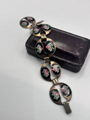 Beautiful Vintage Enamelled Hand Painted Pink Flowers Metal Bracelet