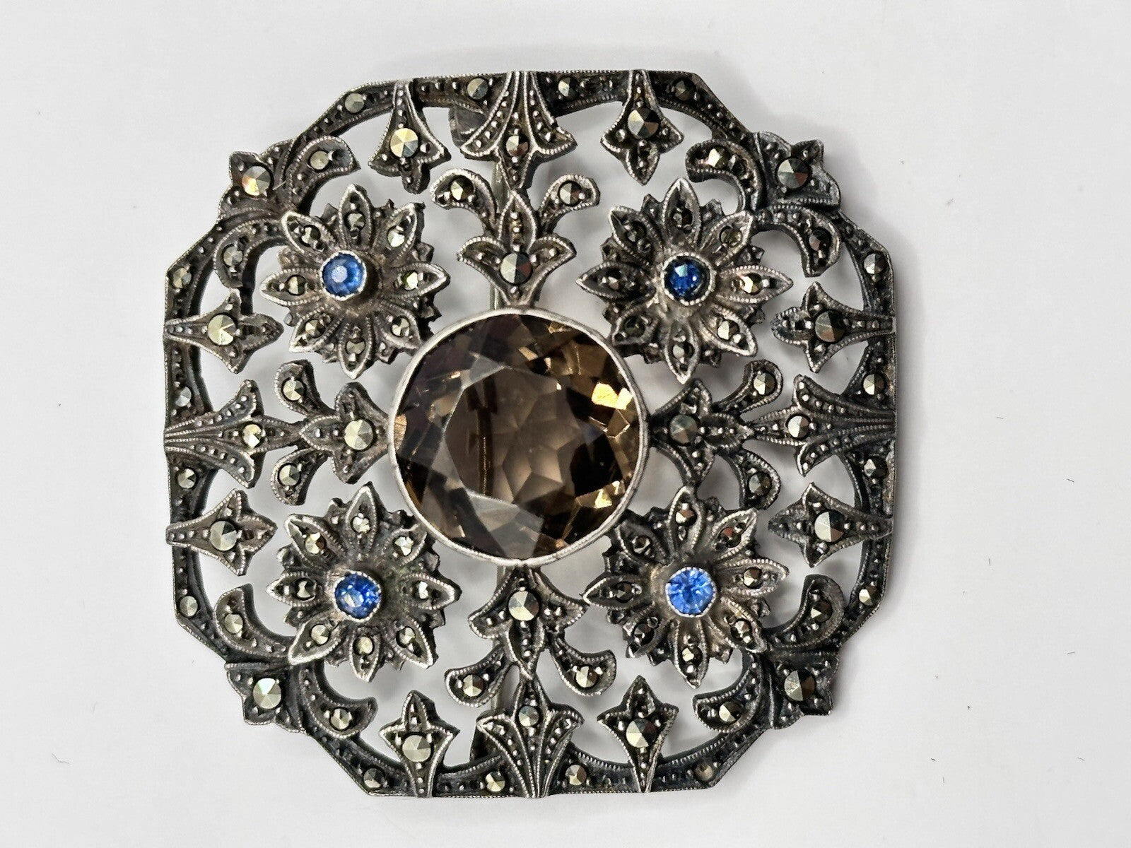Antique Edwardian  Silver 925 Marcasite Glass Stone Brooch