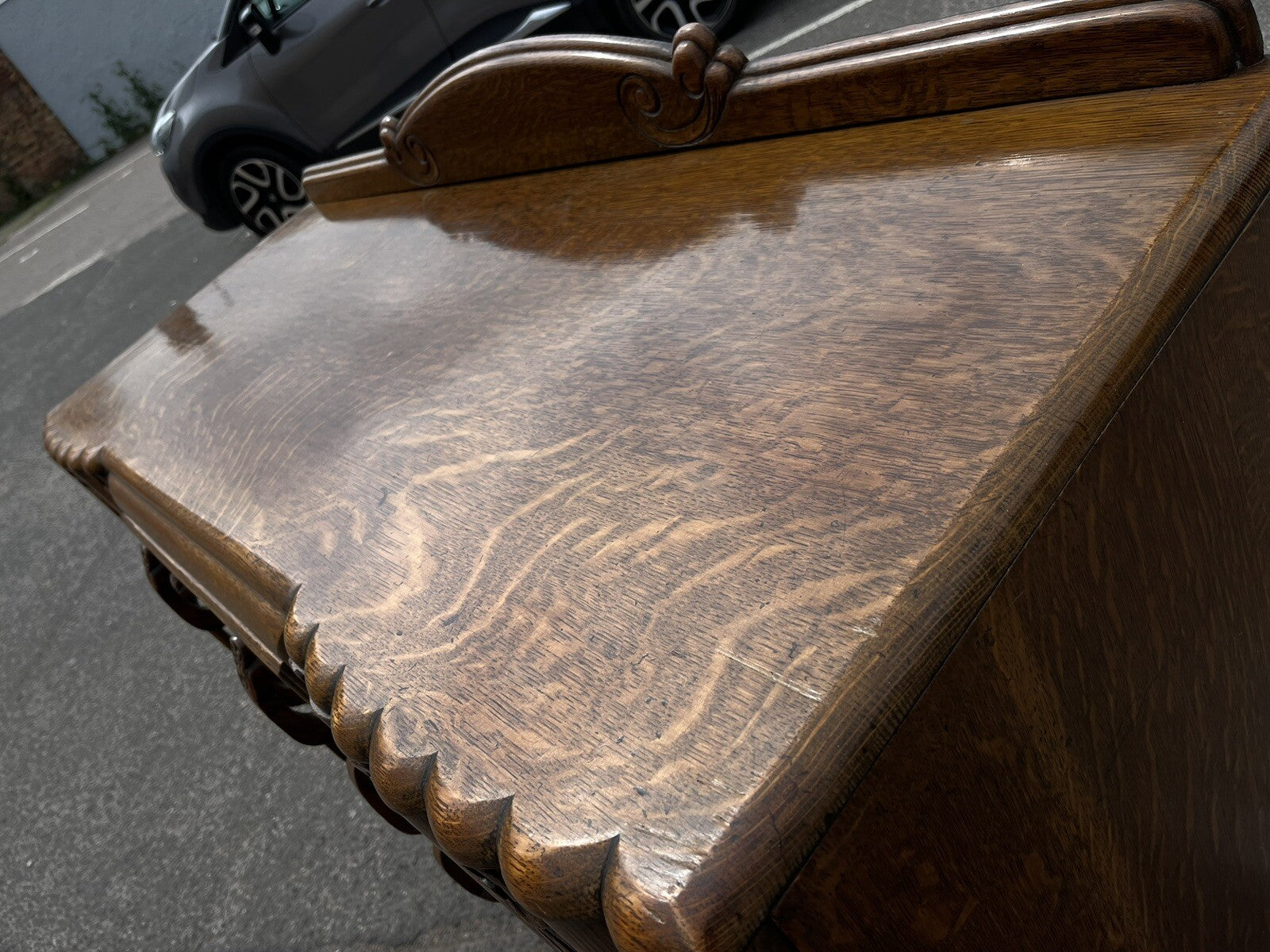 Art Deco Oak Sideboard. Circa 1930's. Carved With Flowers . Lots Of Storage.