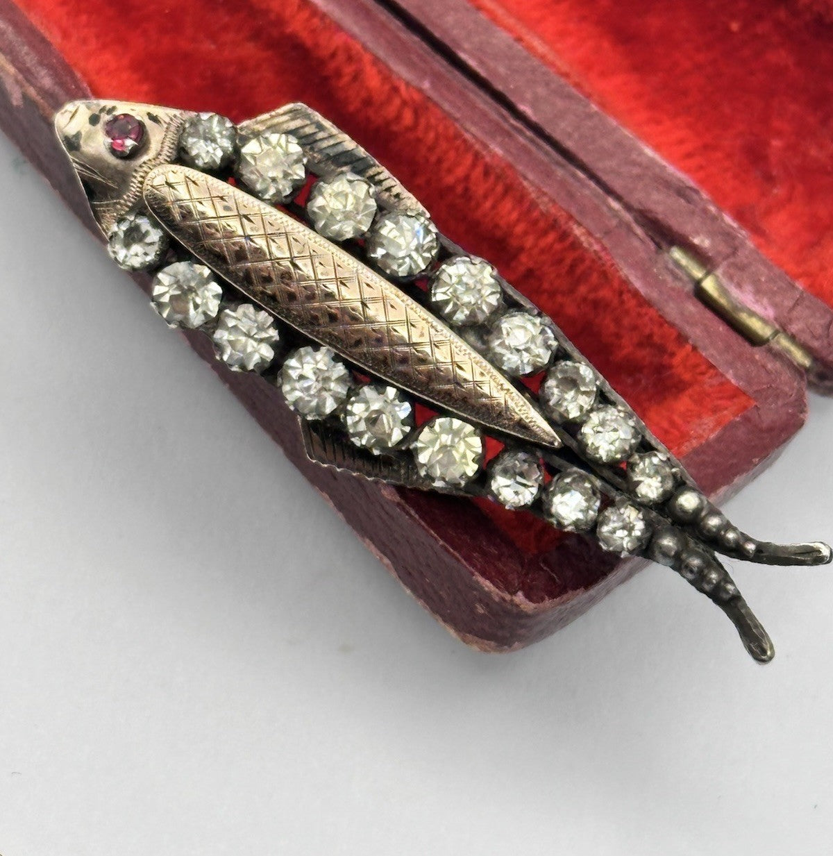Antique 9ct Gold Silver Paste Fish Brooch With Ruby Eye
