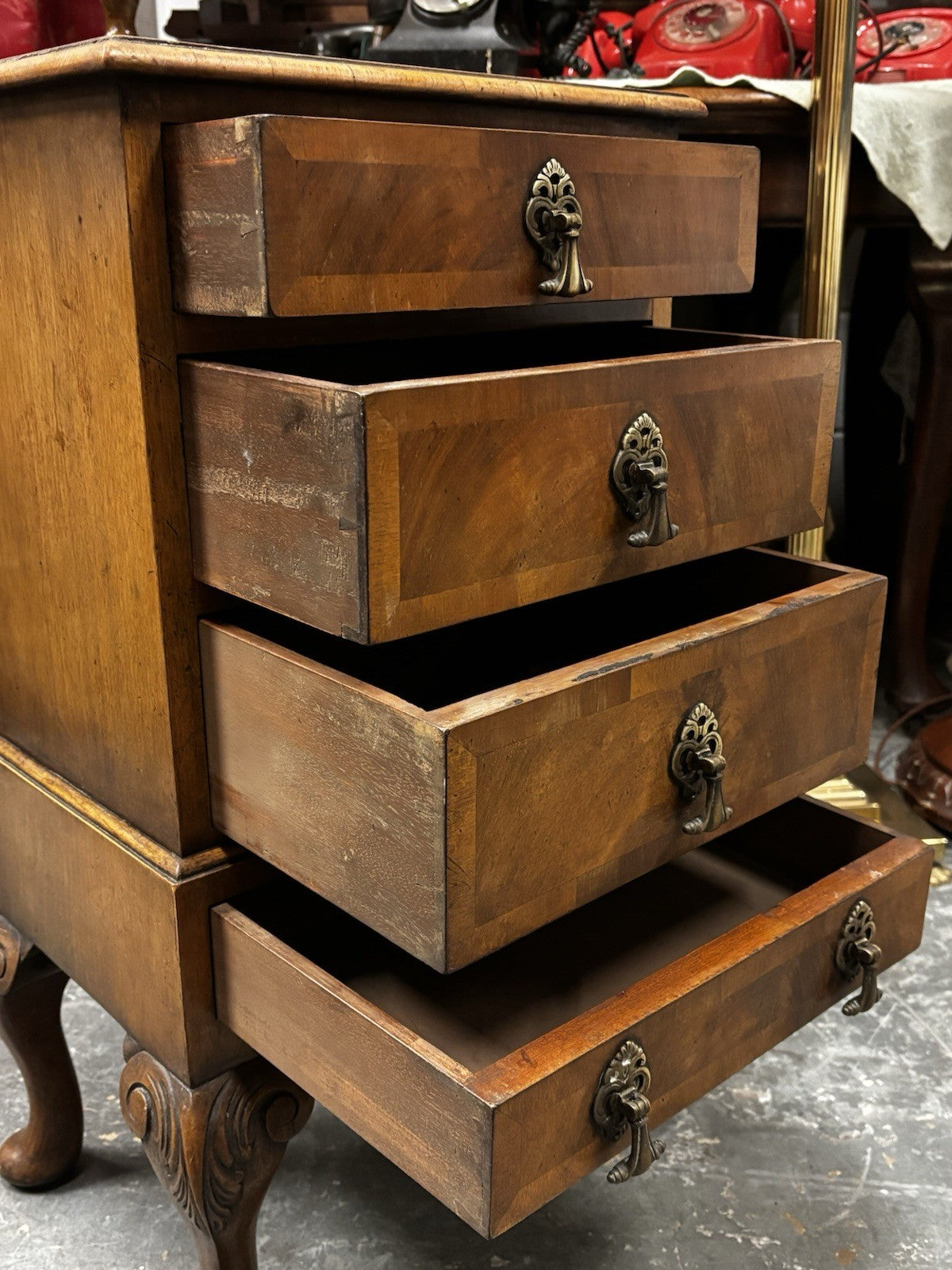 Art Deco Walnut Small Chest Of Drawers, Brass Handles.