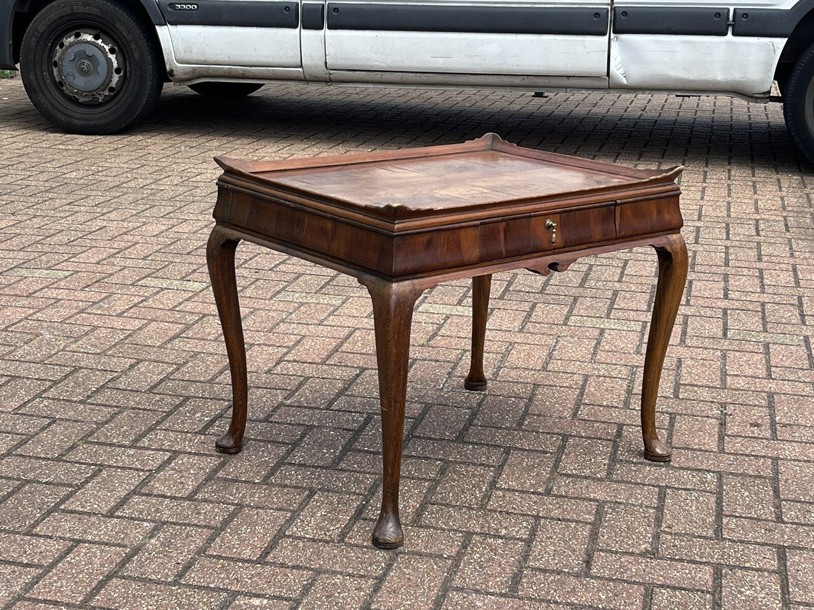 Antique Walnut Tray Top Side Table With Drawer. Pad Feet, Brass Handle.