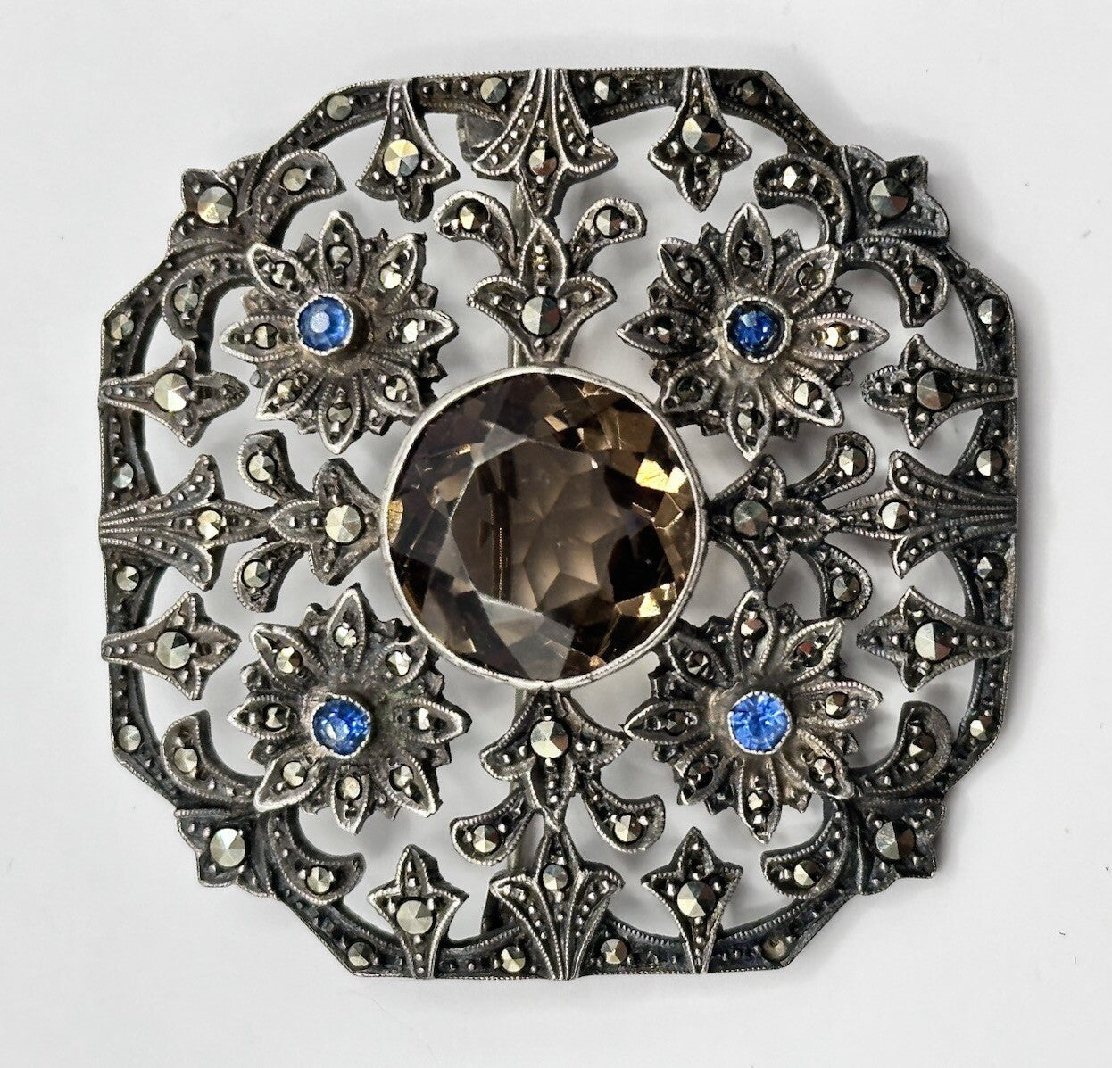 Antique Edwardian  Silver 925 Marcasite Glass Stone Brooch