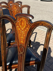 8 Art Noveau Marquetry Inlaid Mahogany Dining Chairs, New Upholstery.