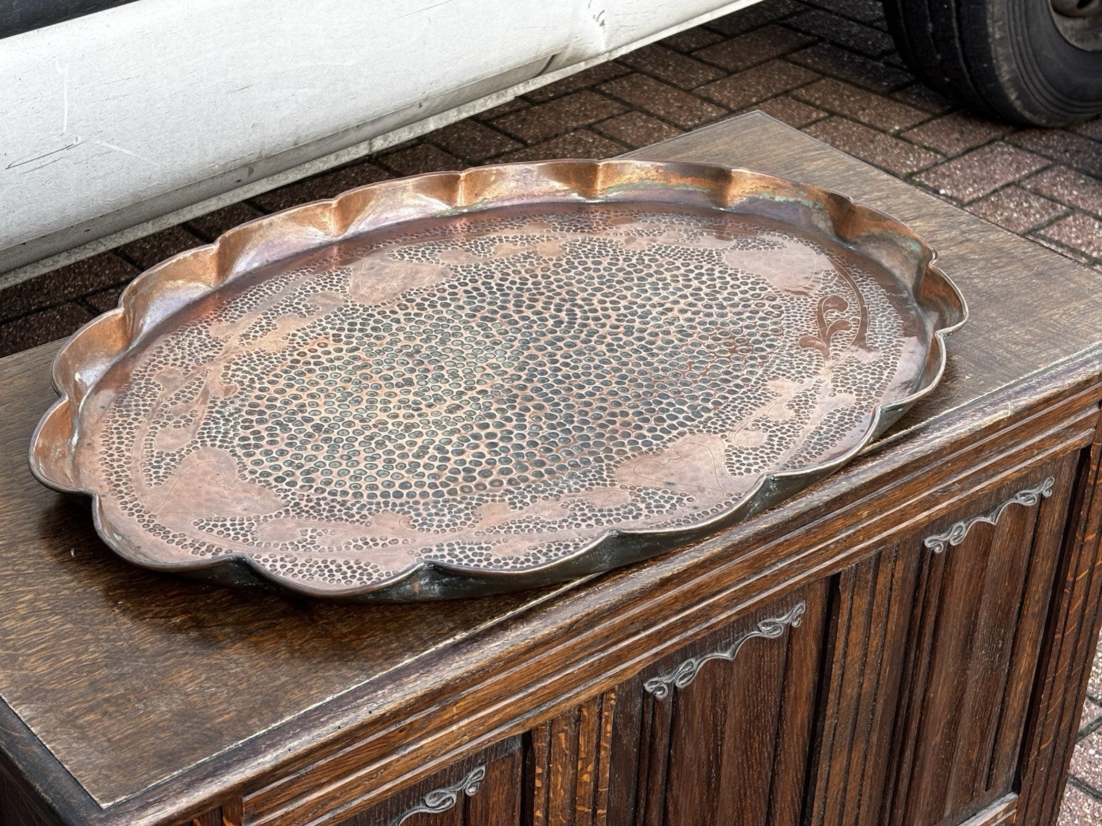 Arts & Crafts Decorated Copper Tray. Large In Size.