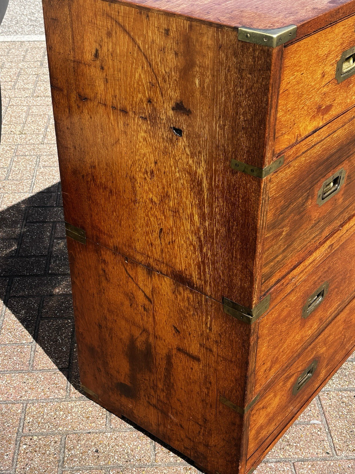 Antique Brass Bound Campaign Chest, Military Chest. Splits In 2 Pieces.
