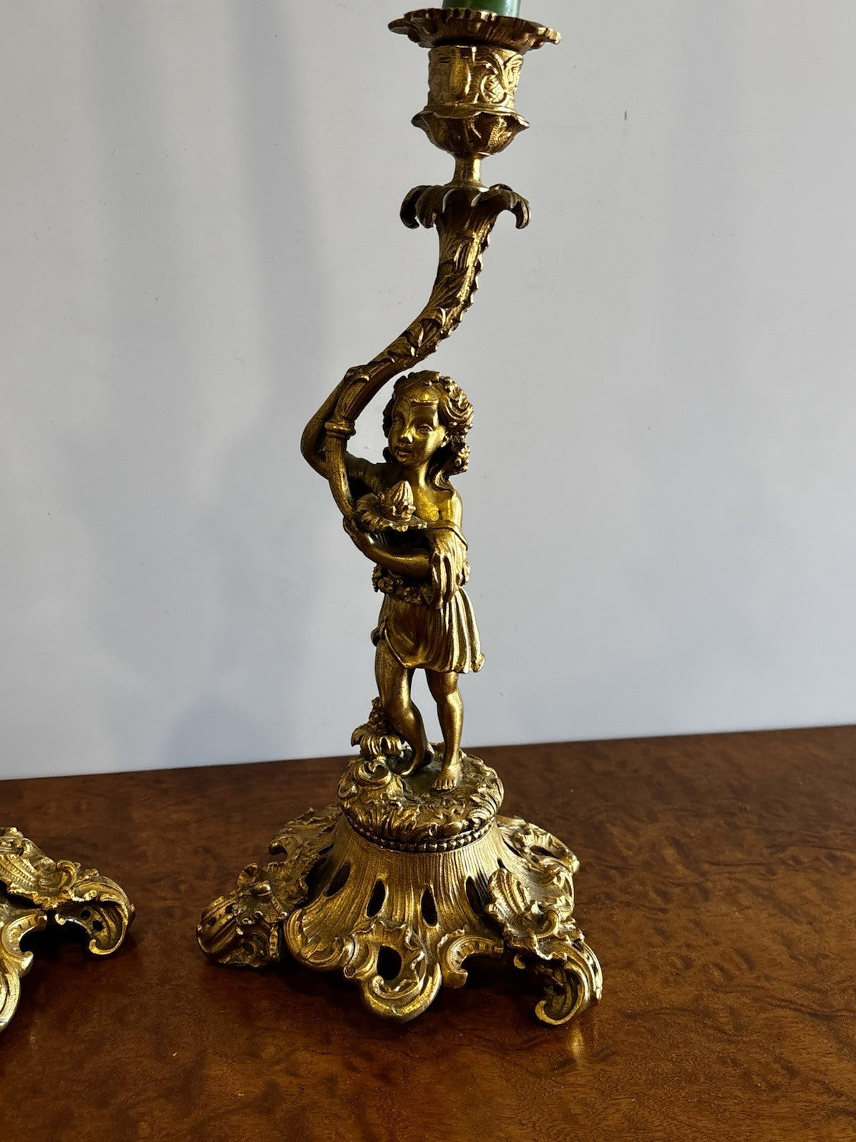 19th Century Gilt Bronze Candlesticks, Boy & Girl Figures, Very Good Quality.
