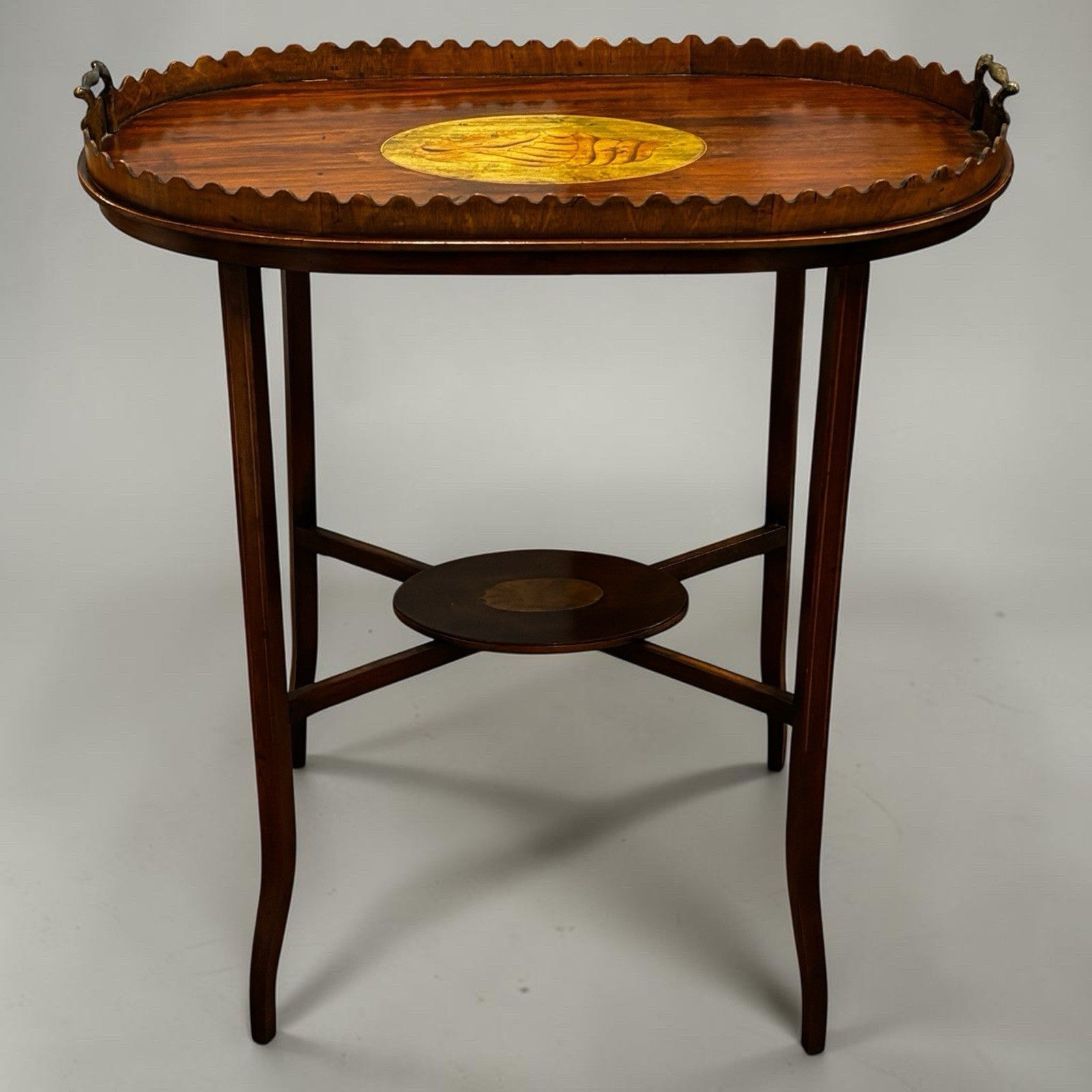 Antique English Wood Tray Top Serving Table with Inlaid Conch Design