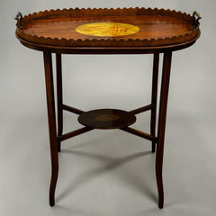 Antique English Wood Tray Top Serving Table with Inlaid Conch Design