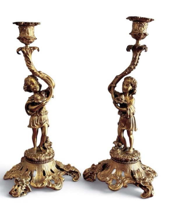 19th Century Gilt Bronze Candlesticks, Boy & Girl Figures, Very Good Quality.