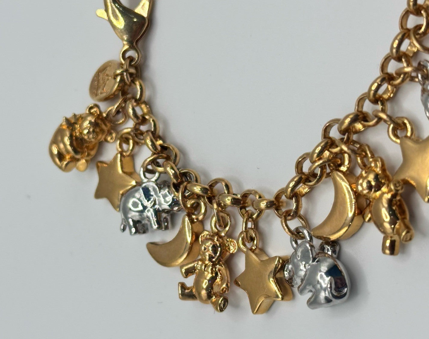 18ct Gold And Rhodium Plated Elephant Moon Stars Bears Charm Bracelet