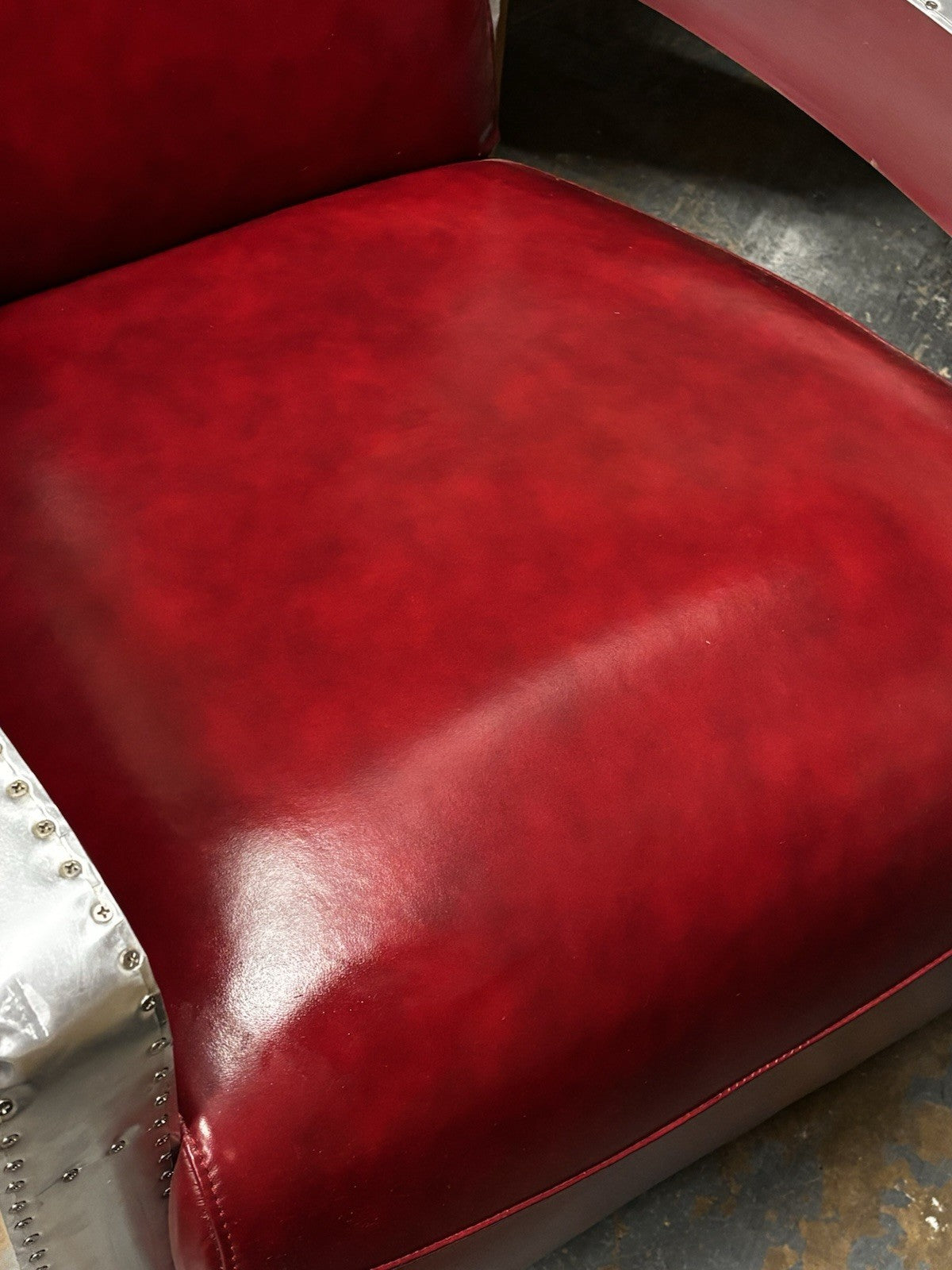 Aviators Polished Metal  Armchair, With Red Leather Upholstery.
