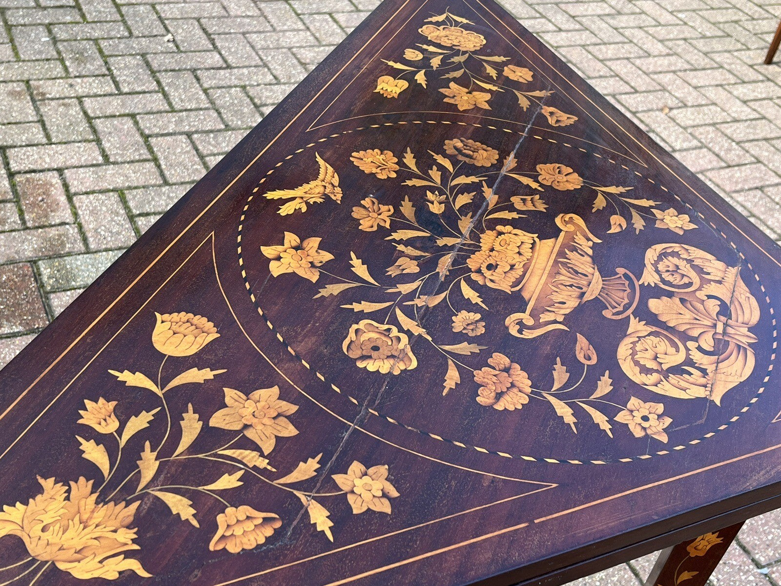 18thC Dutch Marquetry Games Table With Fold Over Lid & Baized Playing Area