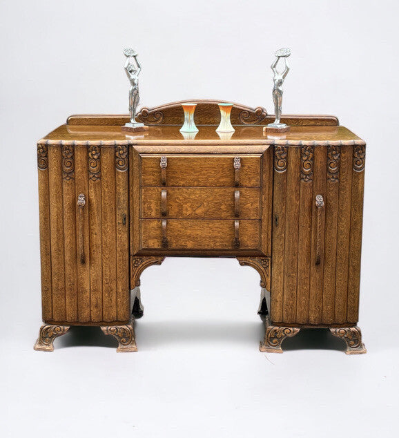 Art Deco Oak Sideboard. Circa 1930's. Carved With Flowers . Lots Of Storage.
