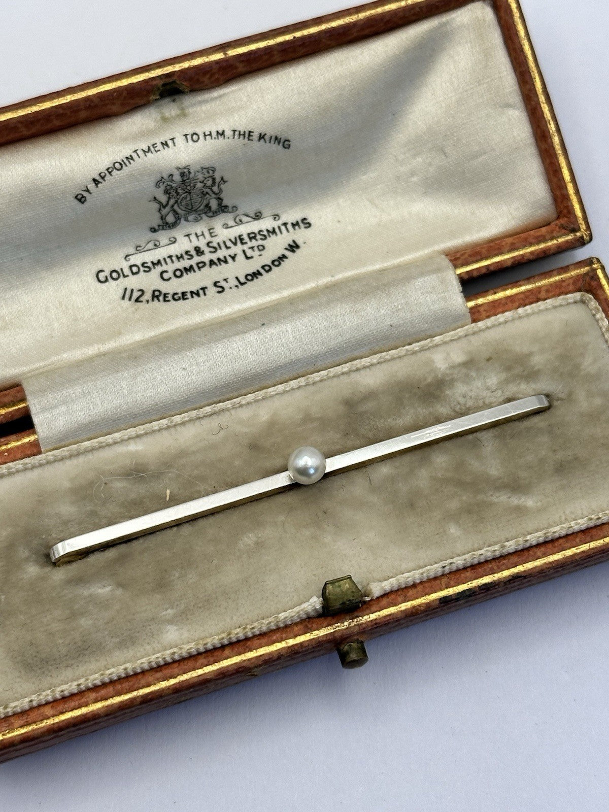 Antique Victorian Edwardian 18ct Gold Platinum Pearl Bar Brooch Original Box